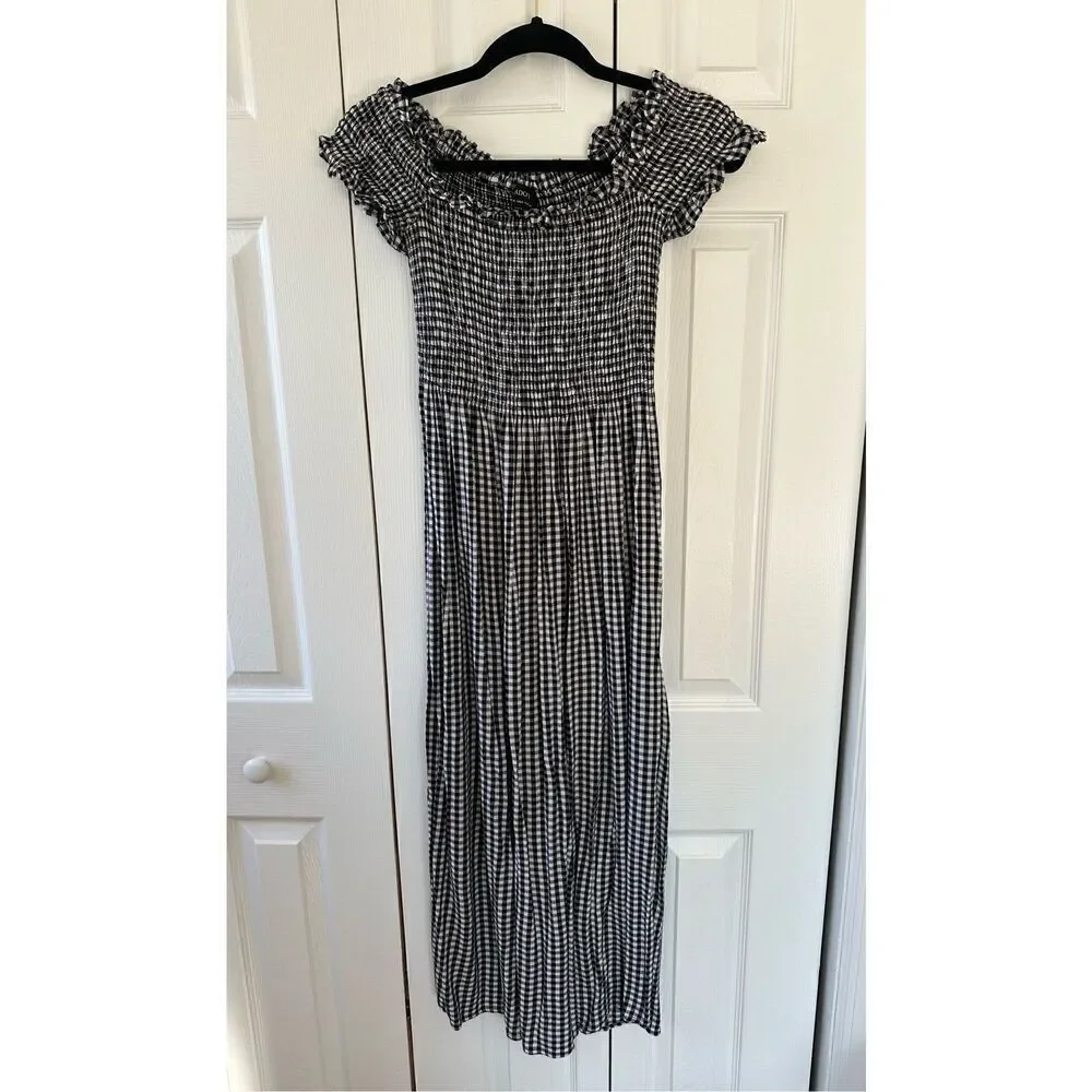 Bardot Cindy Gingham Black & White Off Shoulder Smocked MIDI dress